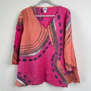 Kay Chapman 100% Linen Tunic Top Sz L Hand Painted Abstract Artsy Lagenlook Boho